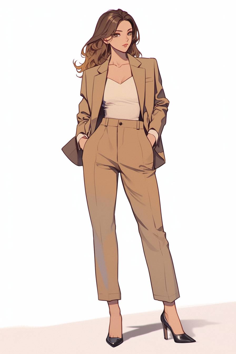 Chica de anime inspirada en Emily Blunt, con blazer pastel y pantalones ajustados.