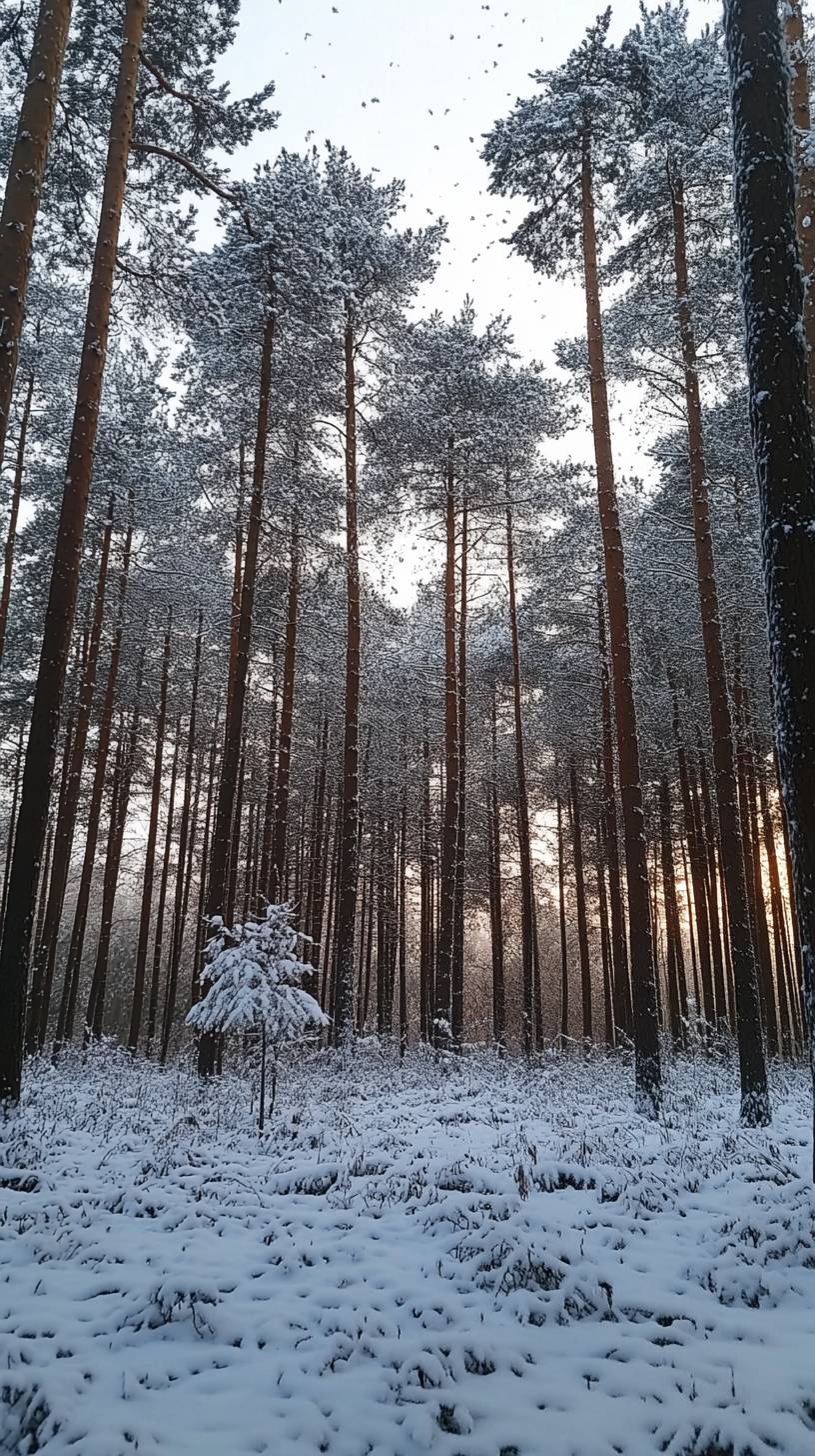 冬の夕暮れの雪に覆われた松の森、穏やかな雰囲気と柔らかな青い光、雪の結晶が静かに舞い落ちる。