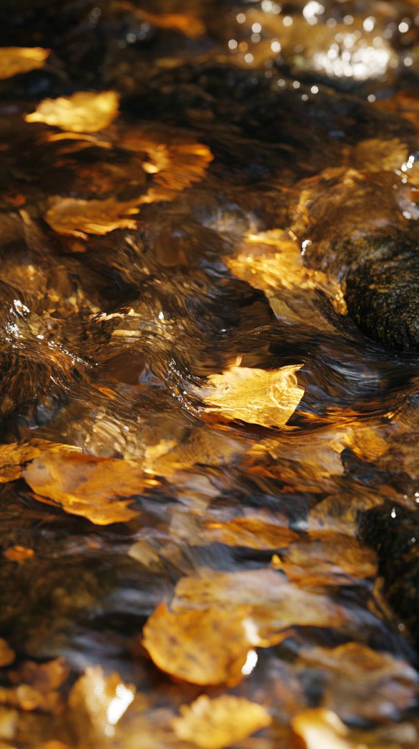 Riacho da floresta no outono, folhas caídas na água, movimento suave, luz dappled através das árvores.