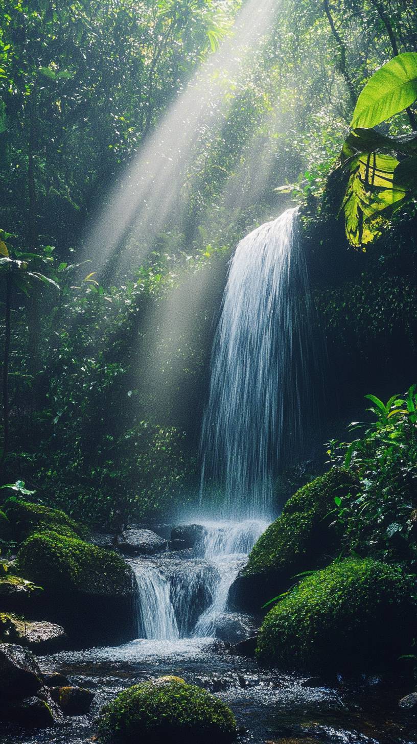 Cascada oculta en una selva exuberante, agua suave fluyendo y luz filtrada a través del dosel.