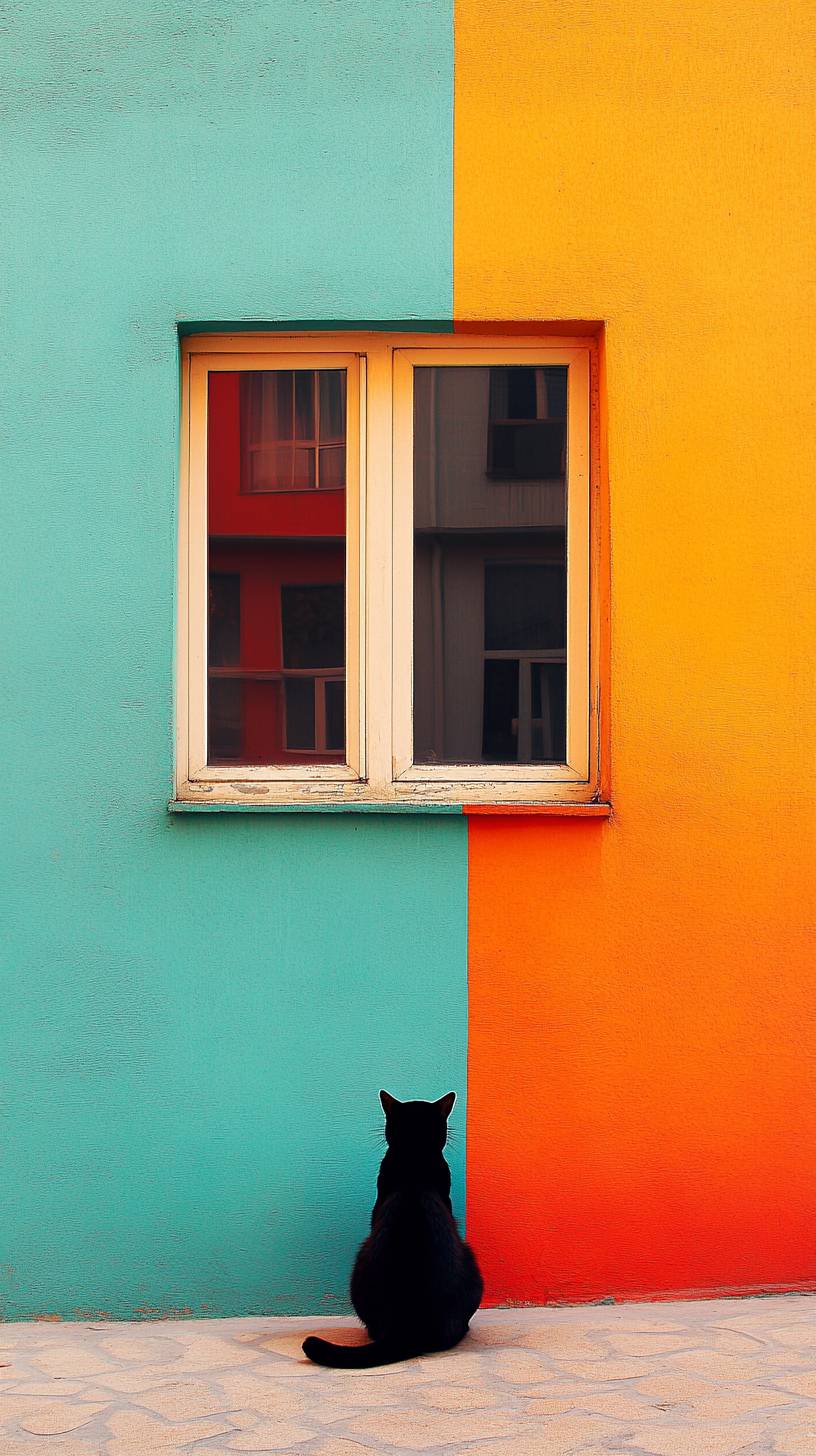 Un gato en cuclillas frente a una pared de bloques de color geométricos.