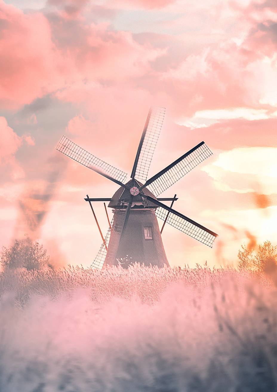 Un léger moulin à vent tourne contre un doux coucher de soleil et des ciels pastel dans une scène paisible de campagne.