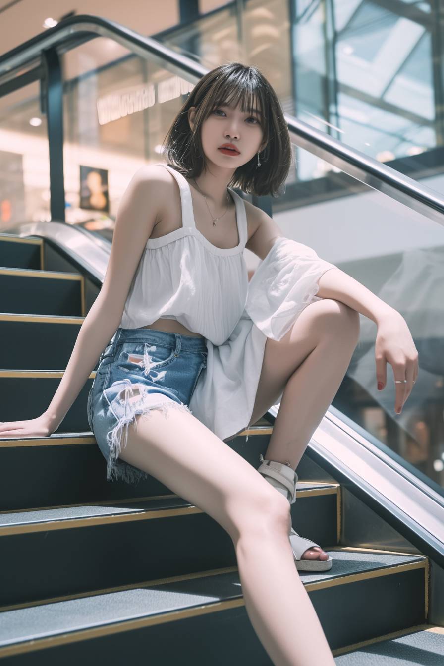 A girl in summer style wearing a basic white top, distressed shorts, platform sandals, minimal jewelry, and straight medium hair, shopping at the mall.