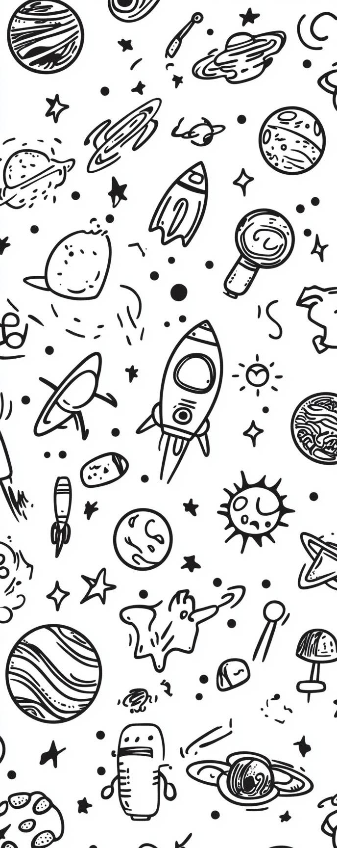 Black line art on a white background featuring lots of quirky fun space and alien iconography in a seamless pattern.