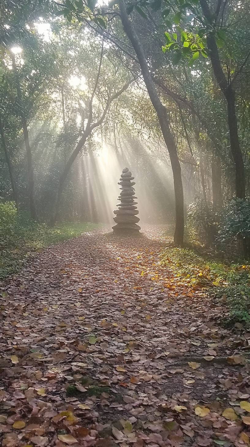 Ancient forest path covered in autumn leaves, sunlight through the canopy.