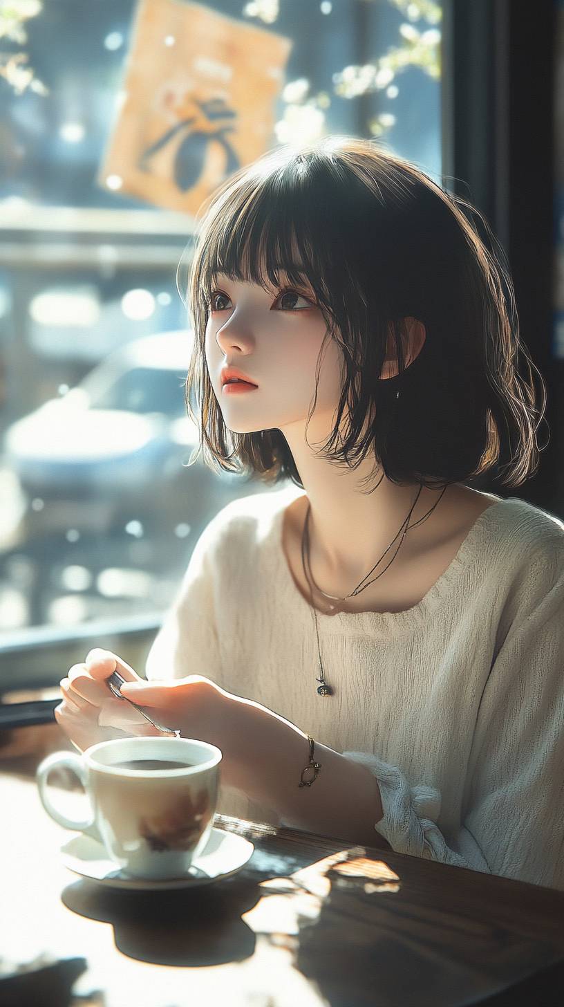 Une fille en tenue décontractée et chic dans une scène de brunch du week-end, avec des bijoux minimalistes et des cheveux naturels.