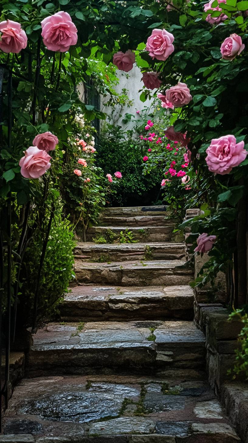 Un jardín oculto con escalones de piedra, rocío de la mañana y rosas trepadoras, crea una atmósfera romántica.