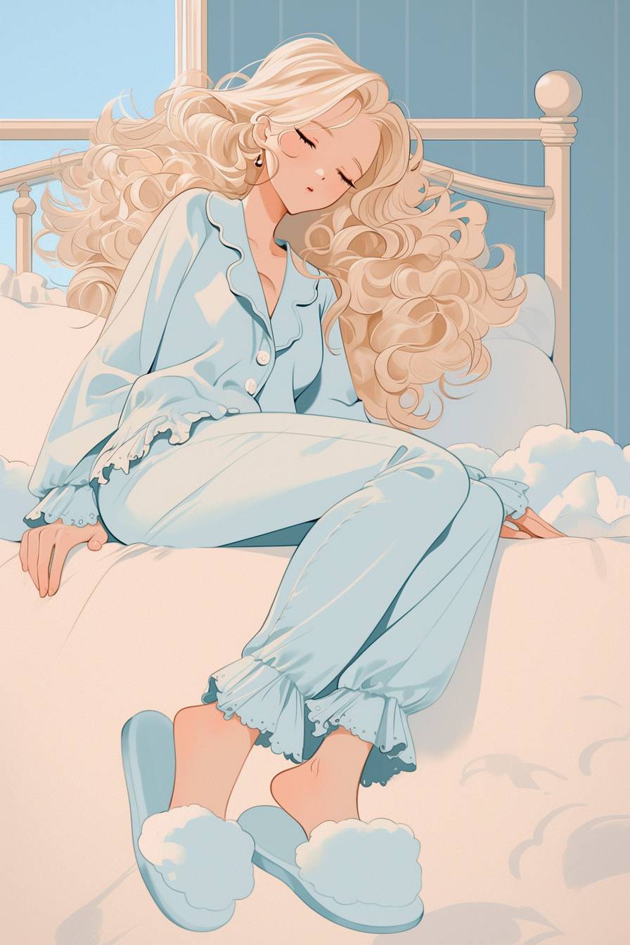 A girl in Sydney Sweeney style wearing a baby blue silk pajama set and cloud slippers, with blonde curls in a retro bedroom aesthetic