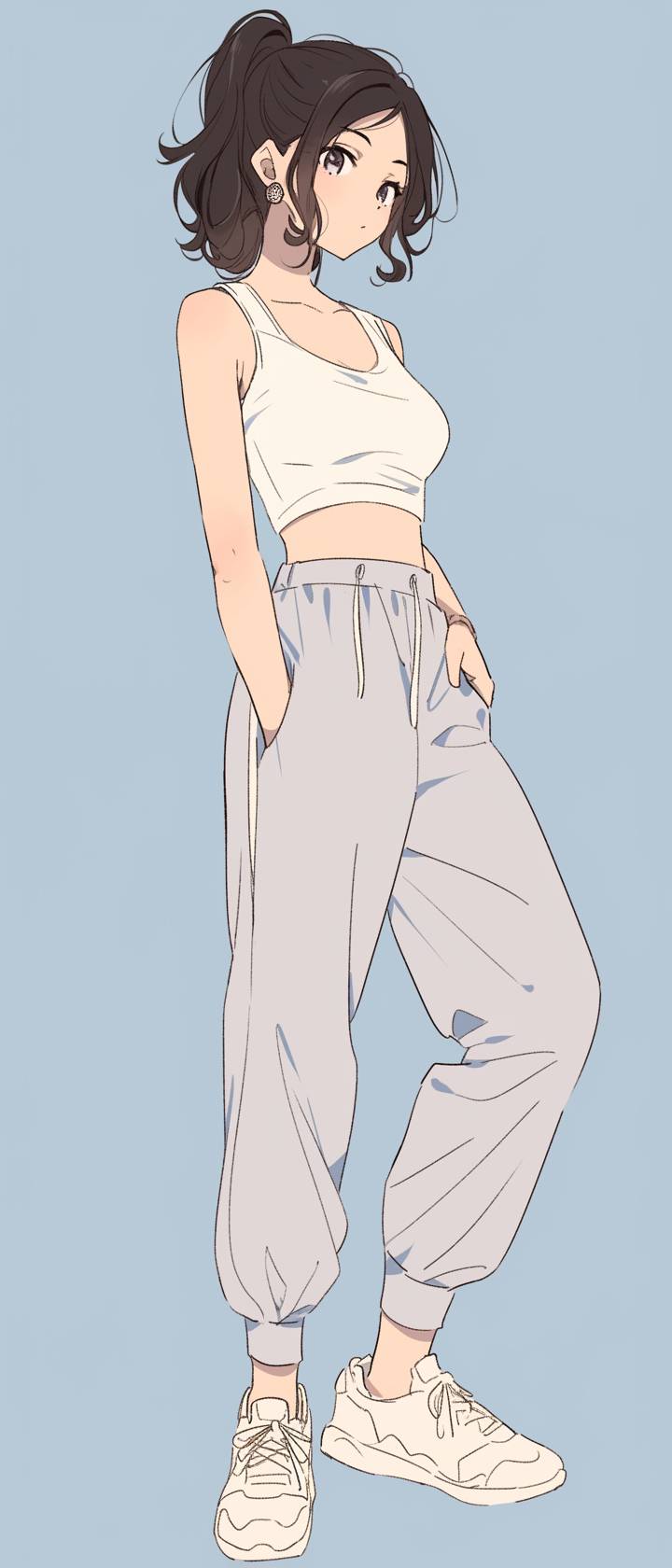 Personaje femenino de anime con una camiseta sin mangas blanca y joggers holgados, con un estilo cómodo y moderno.