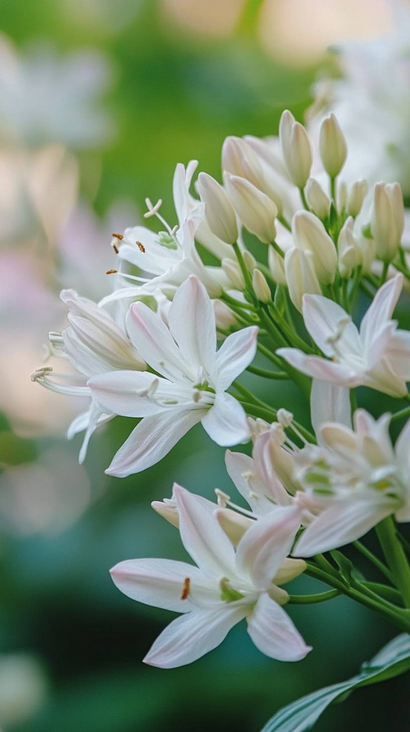 Un primer plano de flores blancas delicadas que crea una estética pacífica con un enfoque suave y un ligero efecto bokeh de fondo.