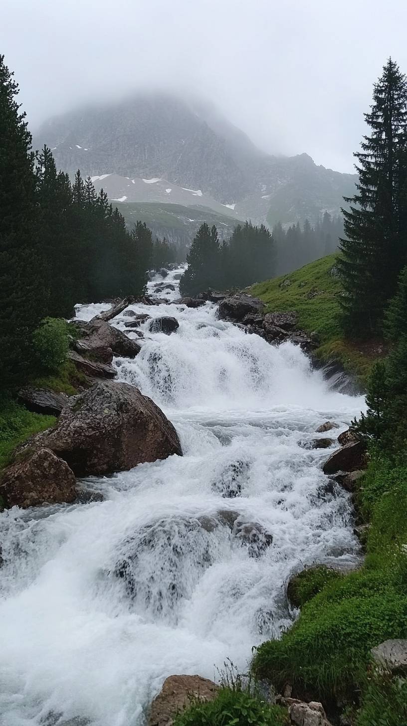 Cascades dans un ravin de montagne, avec de la brume s'élevant et un arrière-plan forestier, montrant la puissance de la nature.