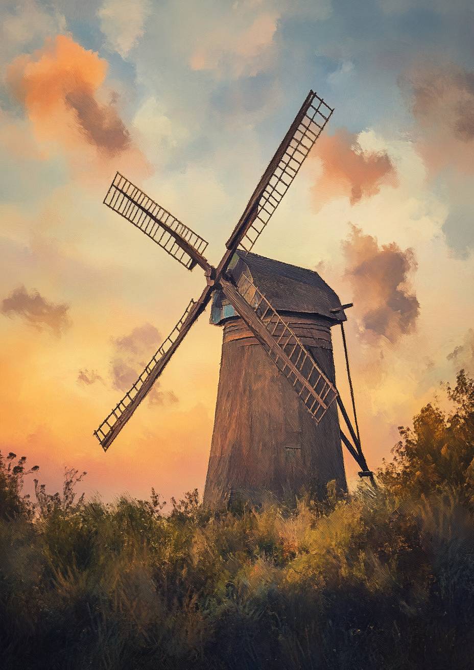 Un léger moulin à vent tourne contre un doux coucher de soleil et un ciel pastel dans un paysage rural paisible.