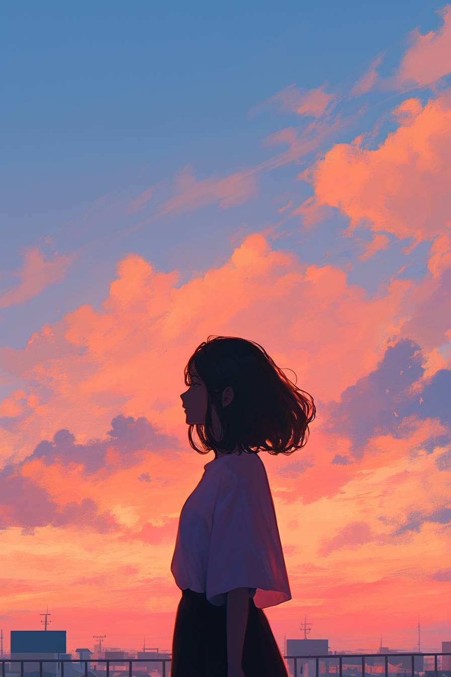 Chica de anime pacífica, cielo minimalista al atardecer, colores suaves que se mezclan