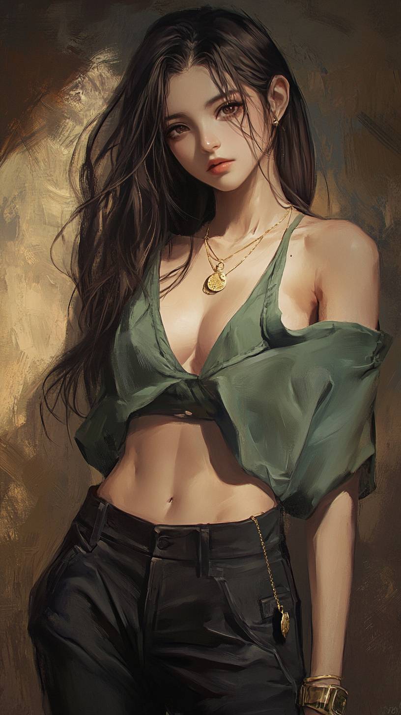 A girl in a green shirt and black pants, wearing a gold necklace, in a high-quality anime style artwork.