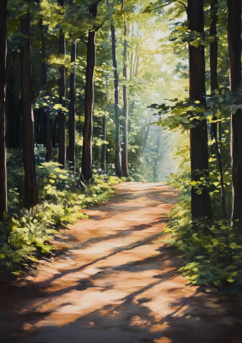 Serene forest path with dappled sunlight, gentle breeze, earthy tones, and soft shadows.