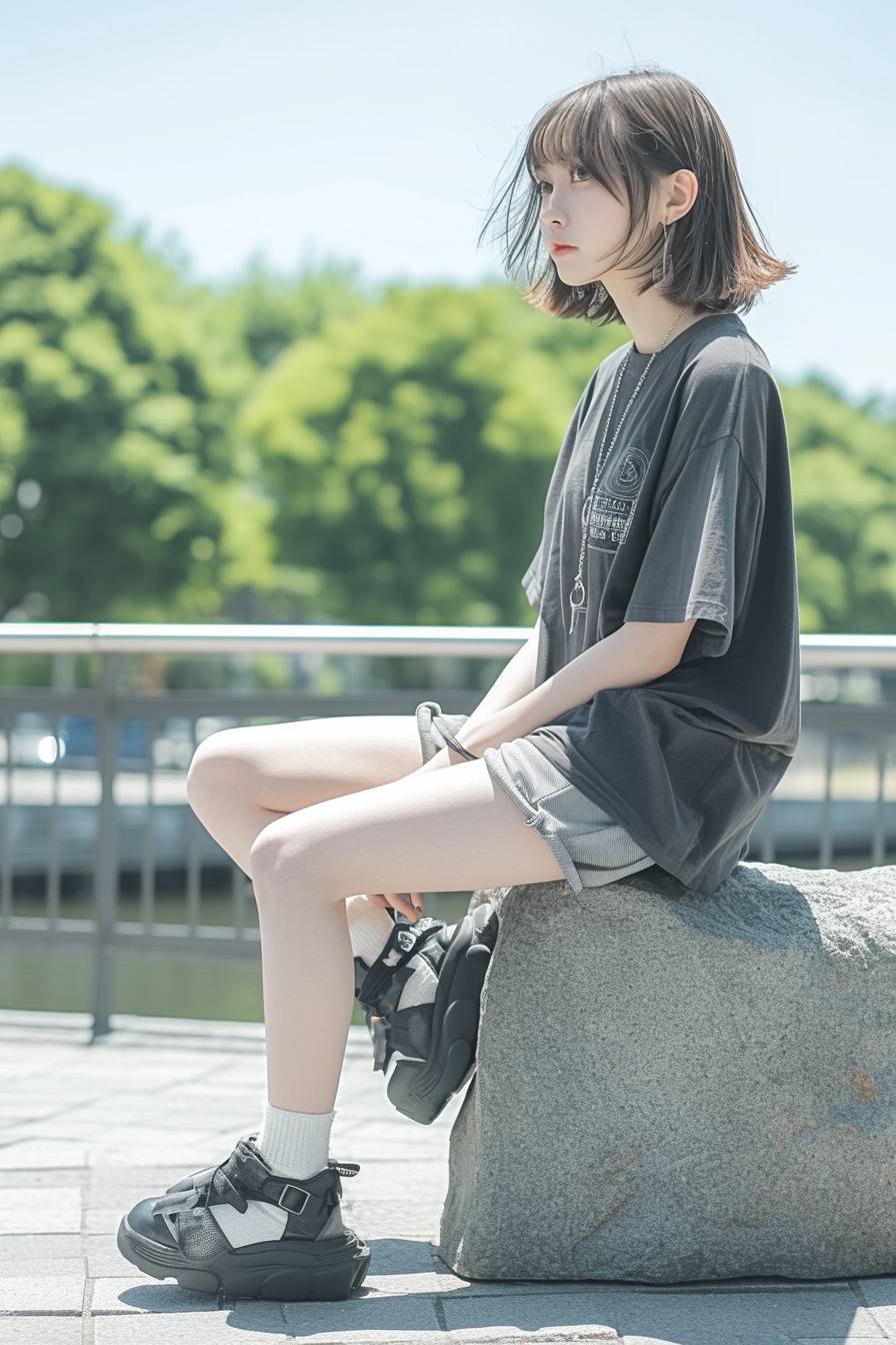 Una chica lleva una camiseta de banda de gran tamaño y pantalones cortos de tiro alto, usando sandalias de plataforma, mientras se relaja en un parque urbano.