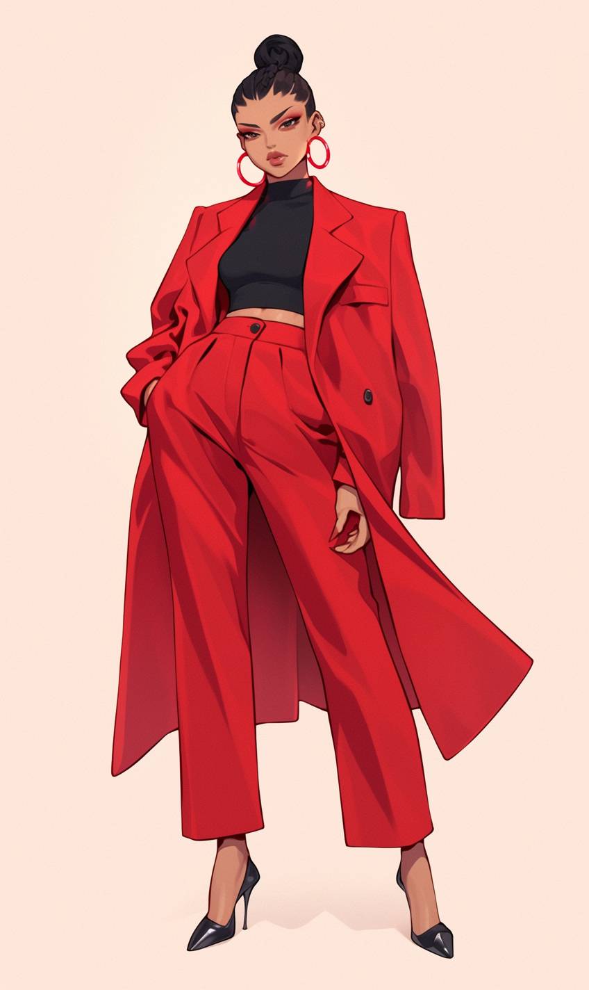 An anime girl in a bold red power suit exudes confidence with black stilettos and a sleek bun.