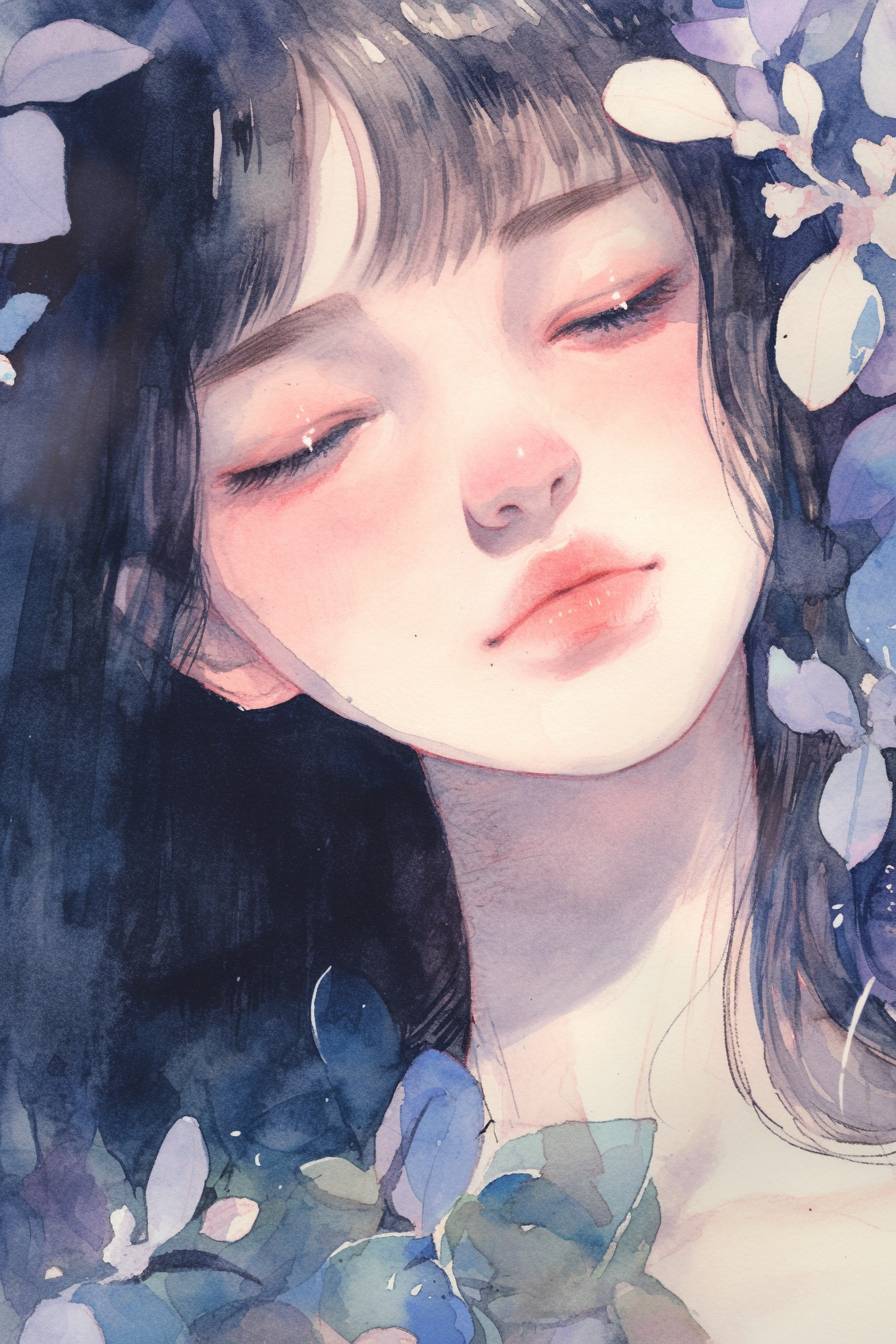 Fille d'anime paisible avec une expression calme et des aquarelles douces en arrière-plan.