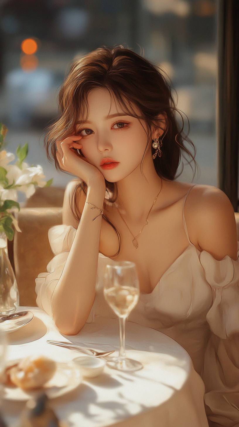 A girl in Son Ye-jin style, wearing a romantic feminine outfit with delicate accessories and elegant waves at a luxury restaurant.