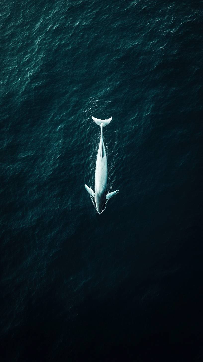 Uma grande baleia branca flutuando no oceano escuro, cercada por uma luz fraca e sombras, evocando sentimentos de insignificância e solidão tranquila no vasto vazio.