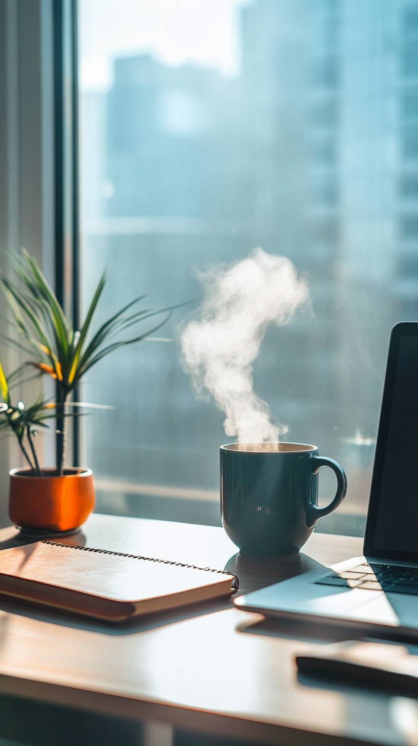 Configuración de escritorio minimalista con luz natural, café humeante en una taza de cerámica, cuaderno de cuero y MacBook, y un espacio de trabajo limpio