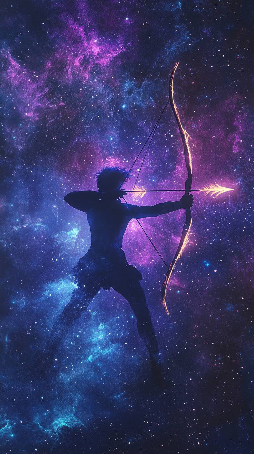 Un archer Sagittaire visant une flèche et un arc brillants vers les étoiles, sur un fond cosmique de bleus et violets profonds.