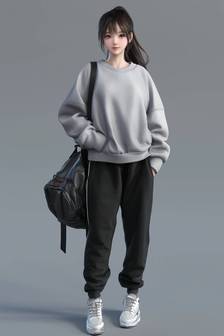 Una chica de anime CG realista con un atuendo cómodo pero elegante, que lleva un suéter gris, joggers negros y zapatillas blancas, y lleva una mochila de cuero negro, con una coleta casual.