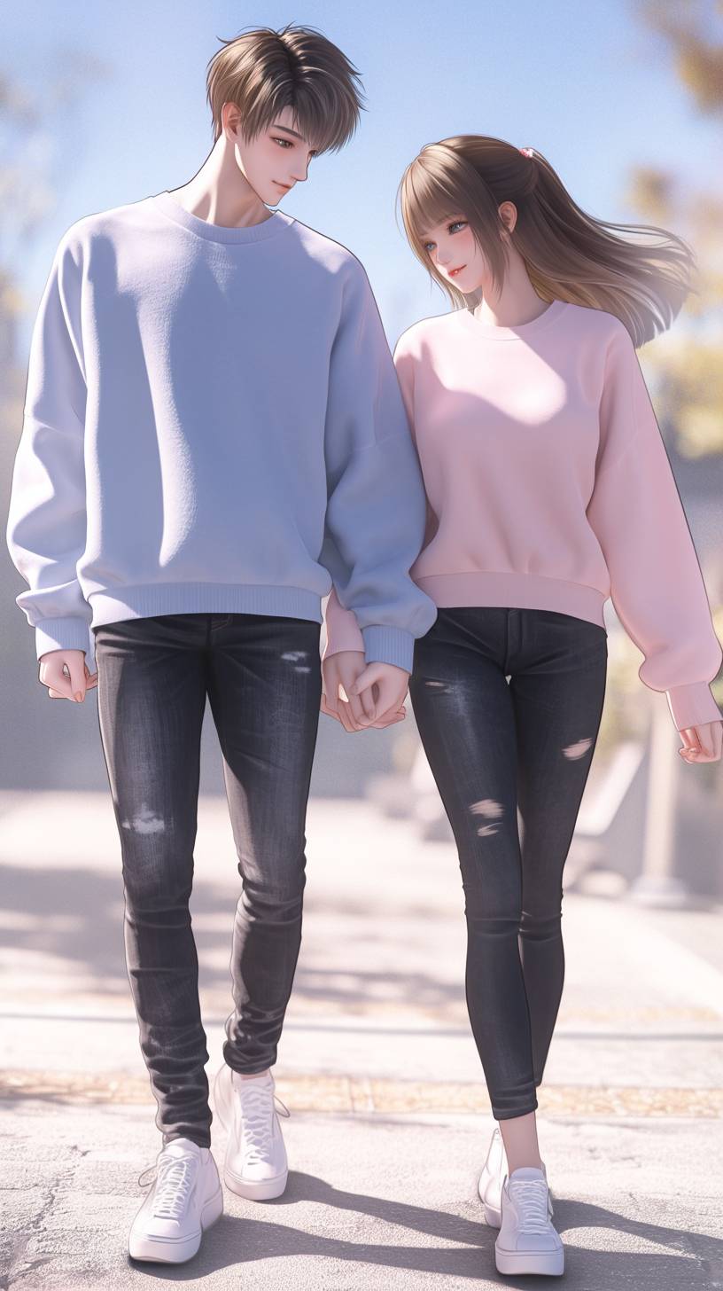 Um casal de anime com suéteres combinando em rosa e azul pastel passeia de mãos dadas em um parque, desfrutando de uma atmosfera relaxada e romântica.