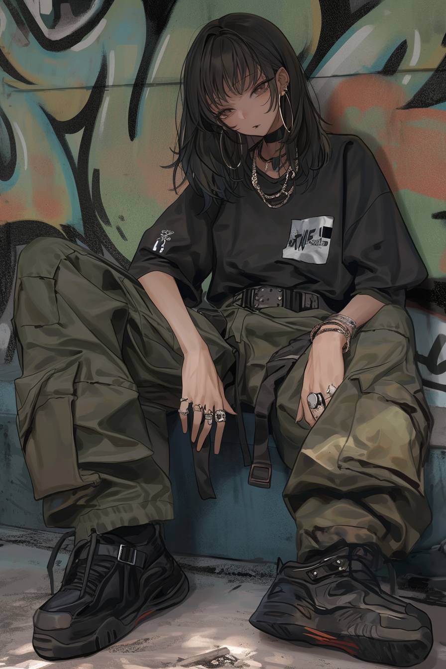 Ein Anime-Mädchen in Stussy-Straßenbekleidung, Cargo-Hosen und Plattform-Sneakern vor einem Graffiti-Hintergrund.