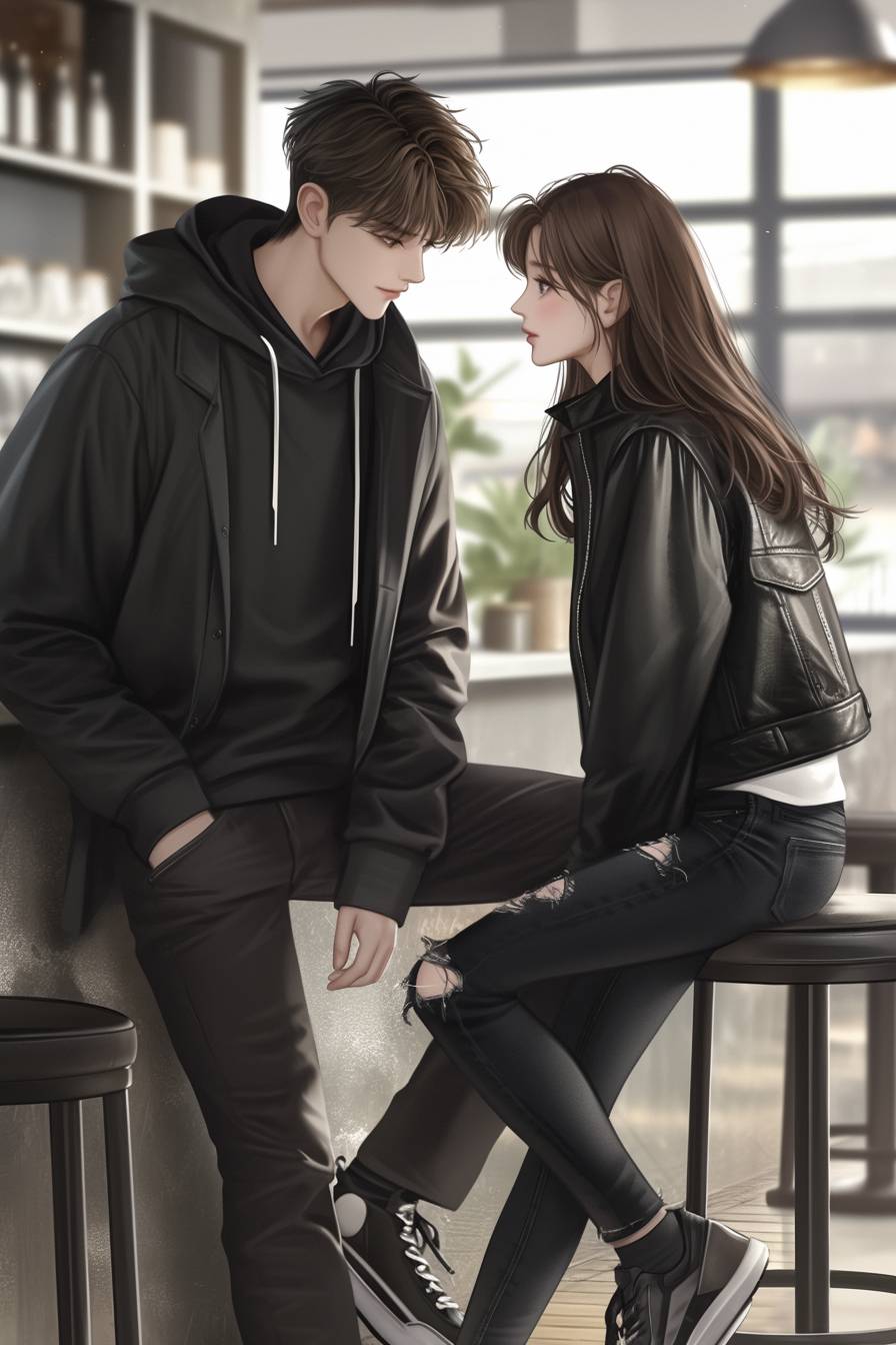 A couple in matching black hoodies and ripped jeans gazes into each other's eyes in a coffee shop.