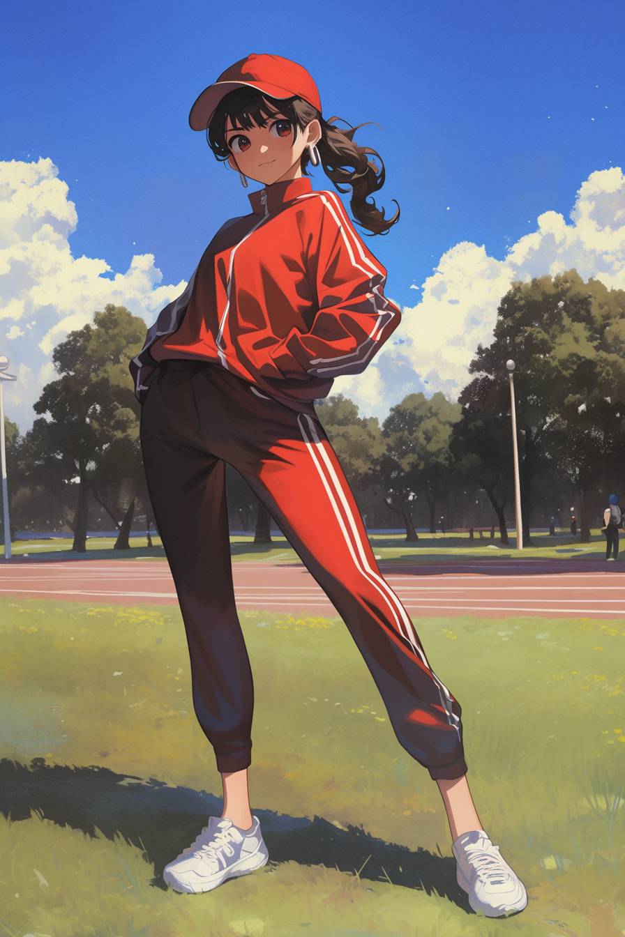 A sporty anime girl in a track jacket, joggers, and running shoes stands against a park background, showcasing an athleisure look.