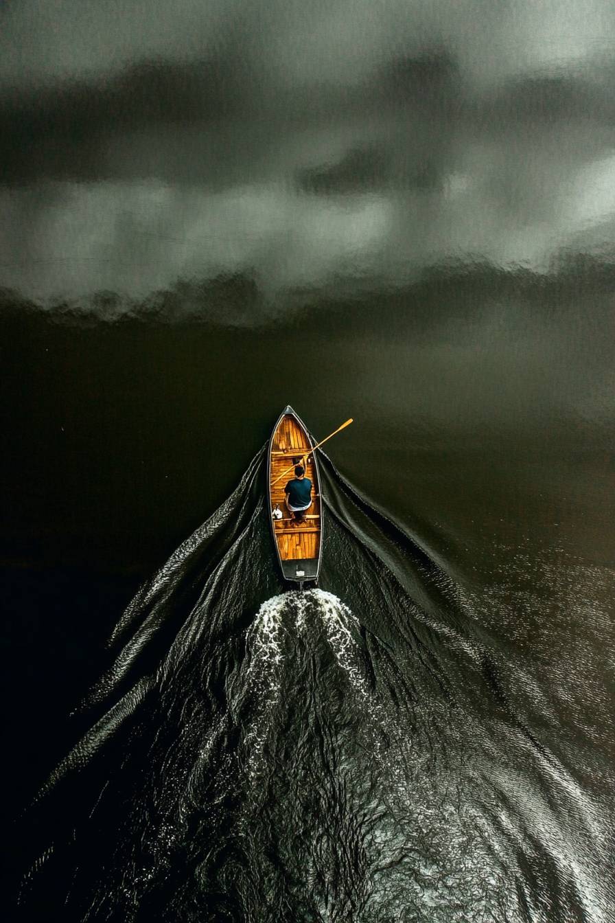 Une silhouette sombre avec un chapeau est sur un canoë dans un mauvais temps sur la rivière Missouri.