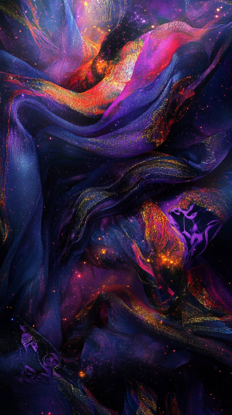 Une nébuleuse cosmique aux couleurs vibrantes comme des violets profonds, des bleus et des roses, tourbillonnant autour des étoiles et des galaxies, créant une sensation de rêve.