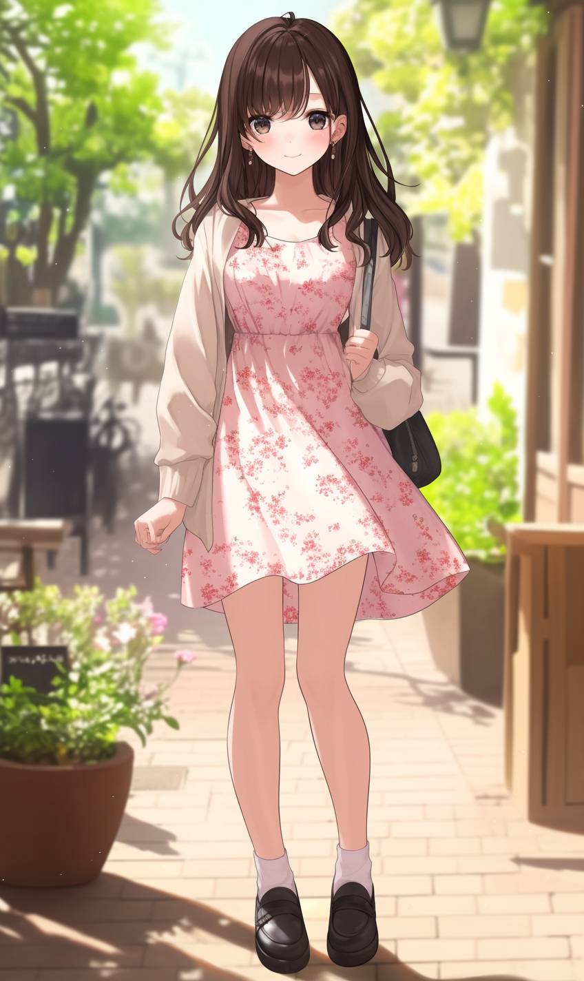 Uma garota de anime romântica em um vestido floral, cardigan e sapatos Mary Jane em um fundo de terraço de café.