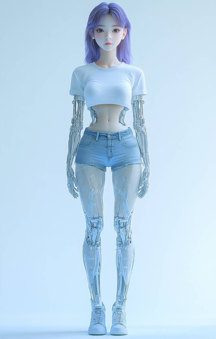 A Chinese female digital human with a mechanical vibe, dressed in a white shirt and jeans, facing the camera.