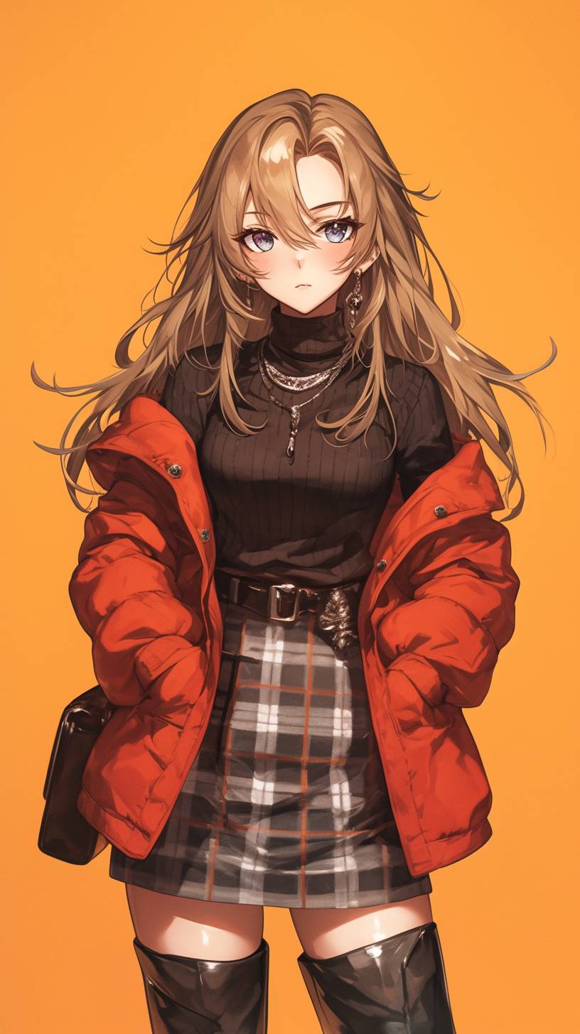 Schweizer Anime-Mädchen in hochwertiger Mode mit schickem Pullover, karierter Skirt, kniehohen Stiefeln und schneebedeckten Bergen im Hintergrund.