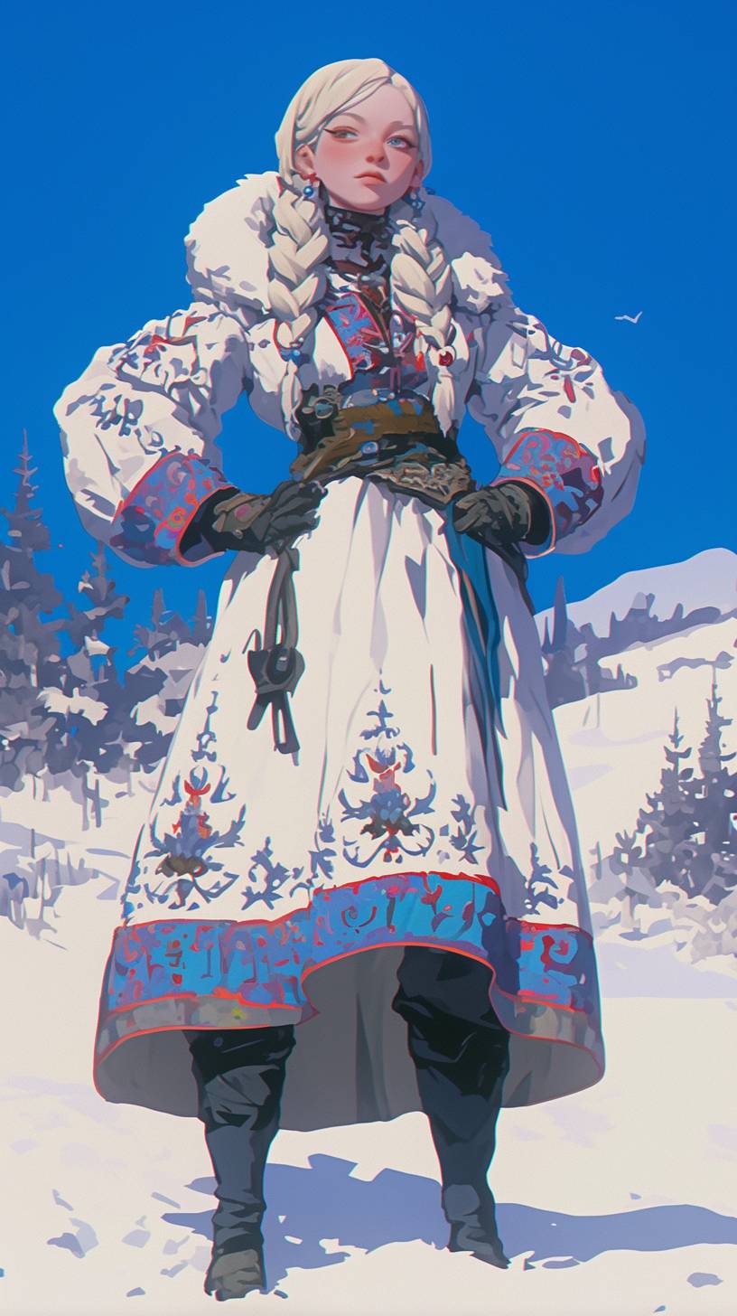 Ein russisches Anime-Mädchen in einem luxuriösen Pelzmantel, kniehohen Stiefeln und einem Wollschal, verkörpert elegante Wintermode.