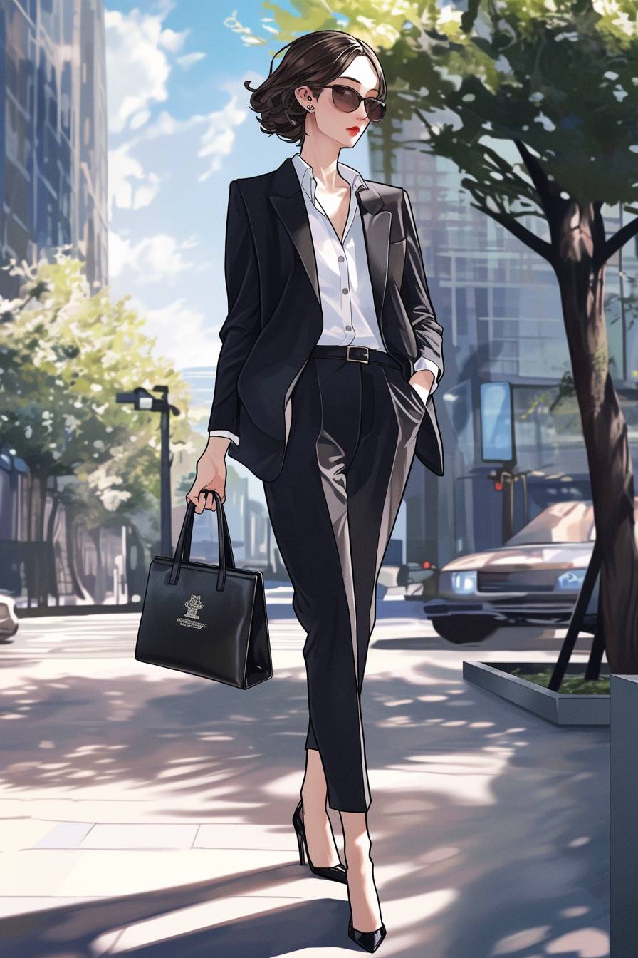 Una chica lleva un conjunto de traje de Theory, con zapatos planos de Salvatore Ferragamo y un bolso de Montblanc, mostrando un aspecto profesional.