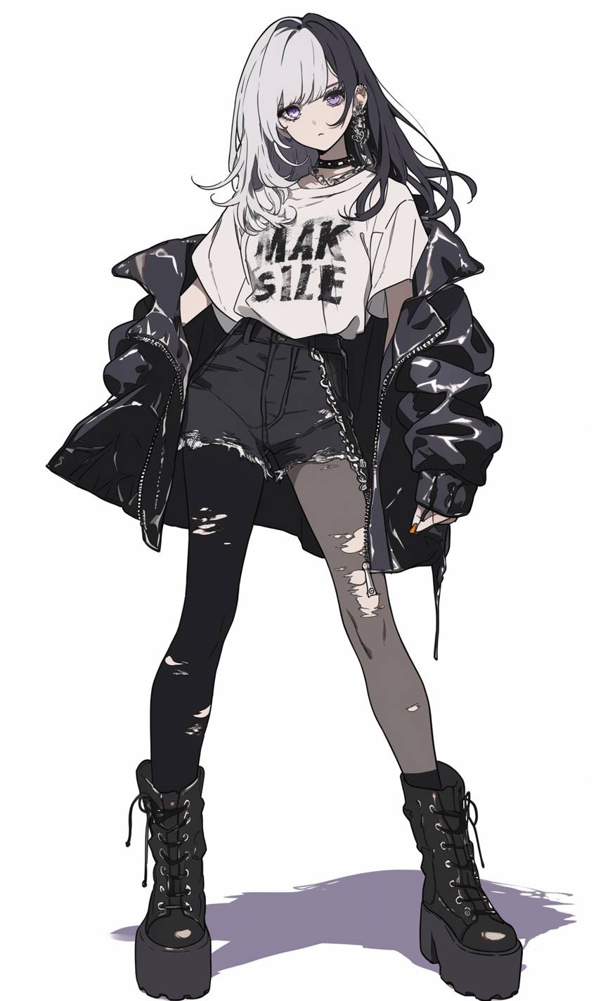 Ein Anime-Mädchen in einer Übergröße schwarzen Lederjacke, Grafikt-Shirt, hoch taillierten Jeans und Stiefeln im Rock Chic Stil.