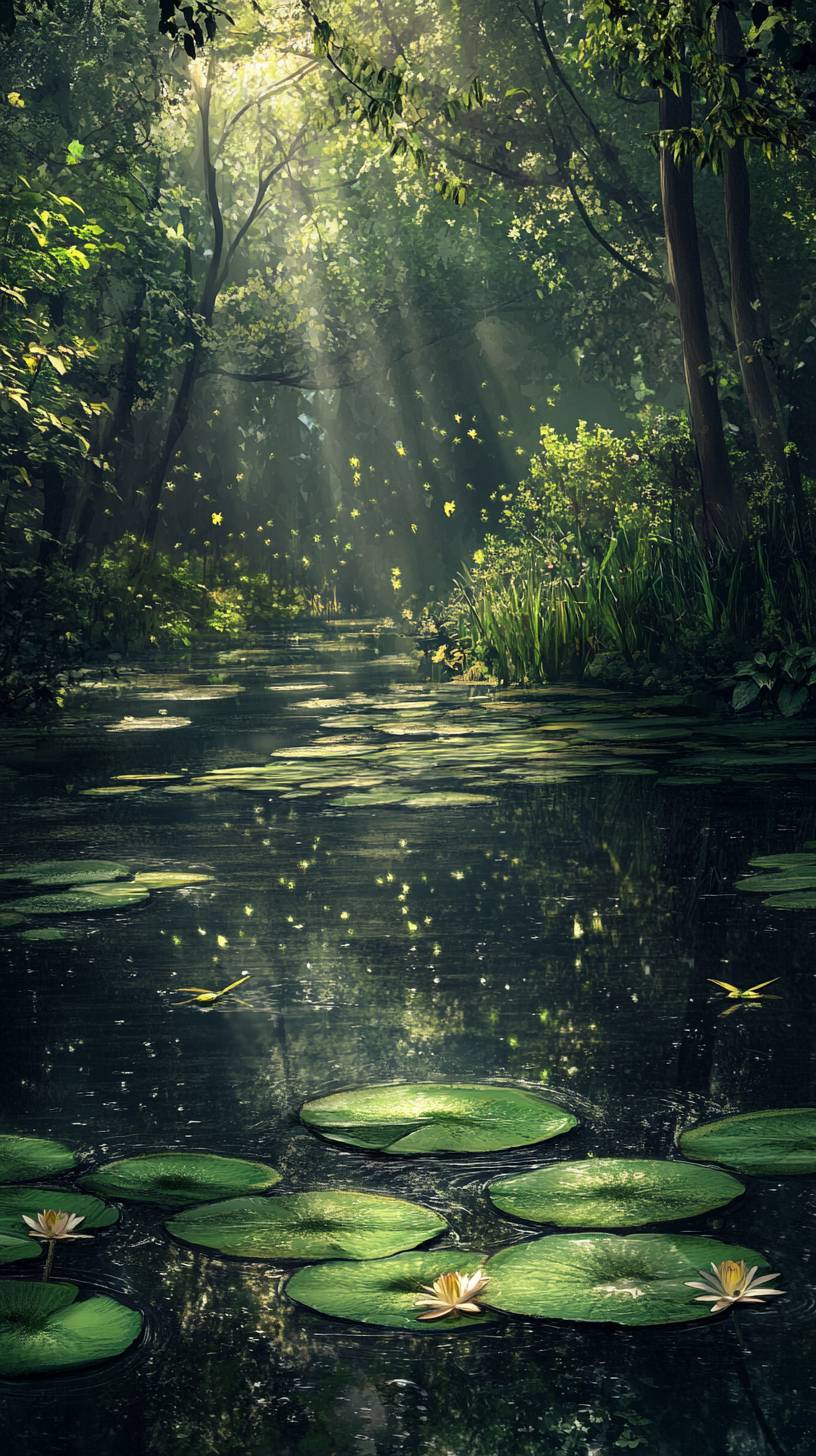 Ancient forest pond with lily pads and dragonflies, creating a magical atmosphere.