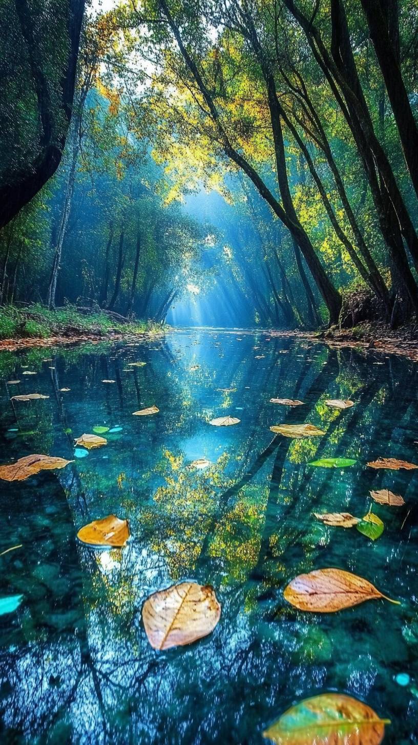 Quiet forest pool with a leaf-covered surface, a peaceful scene.