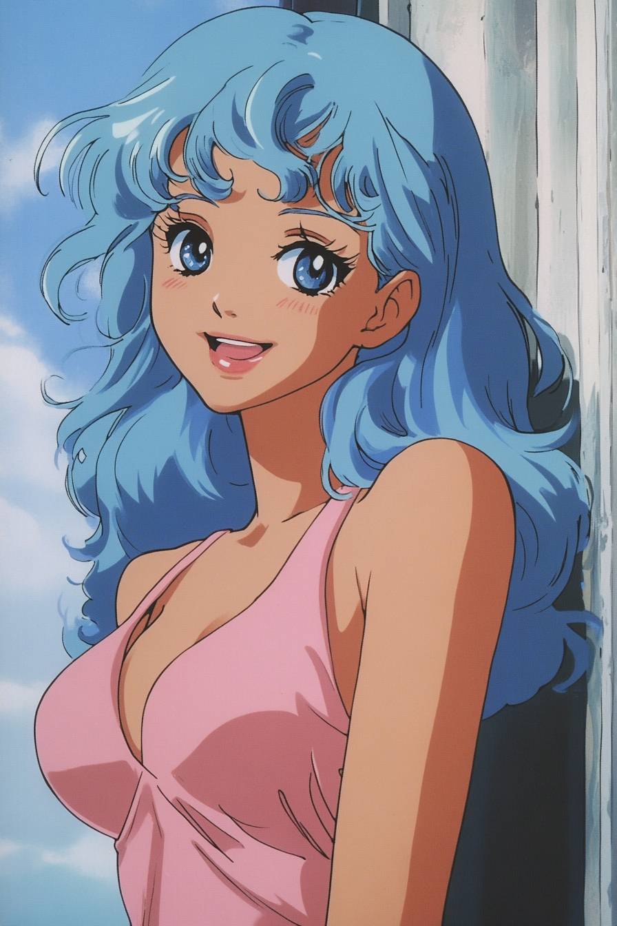 A 1990s anime-style beauty wearing a fitted pink outfit, with powder-blue curly hair, a bright smile, and a playful gaze.