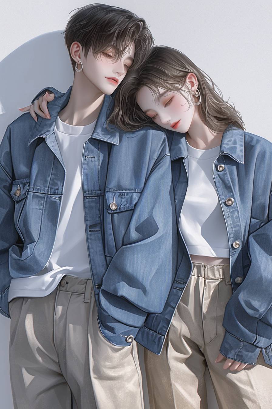 Um casal de anime realista com jaquetas jeans combinando posando para uma foto, com a garota descansando a cabeça em seu ombro.