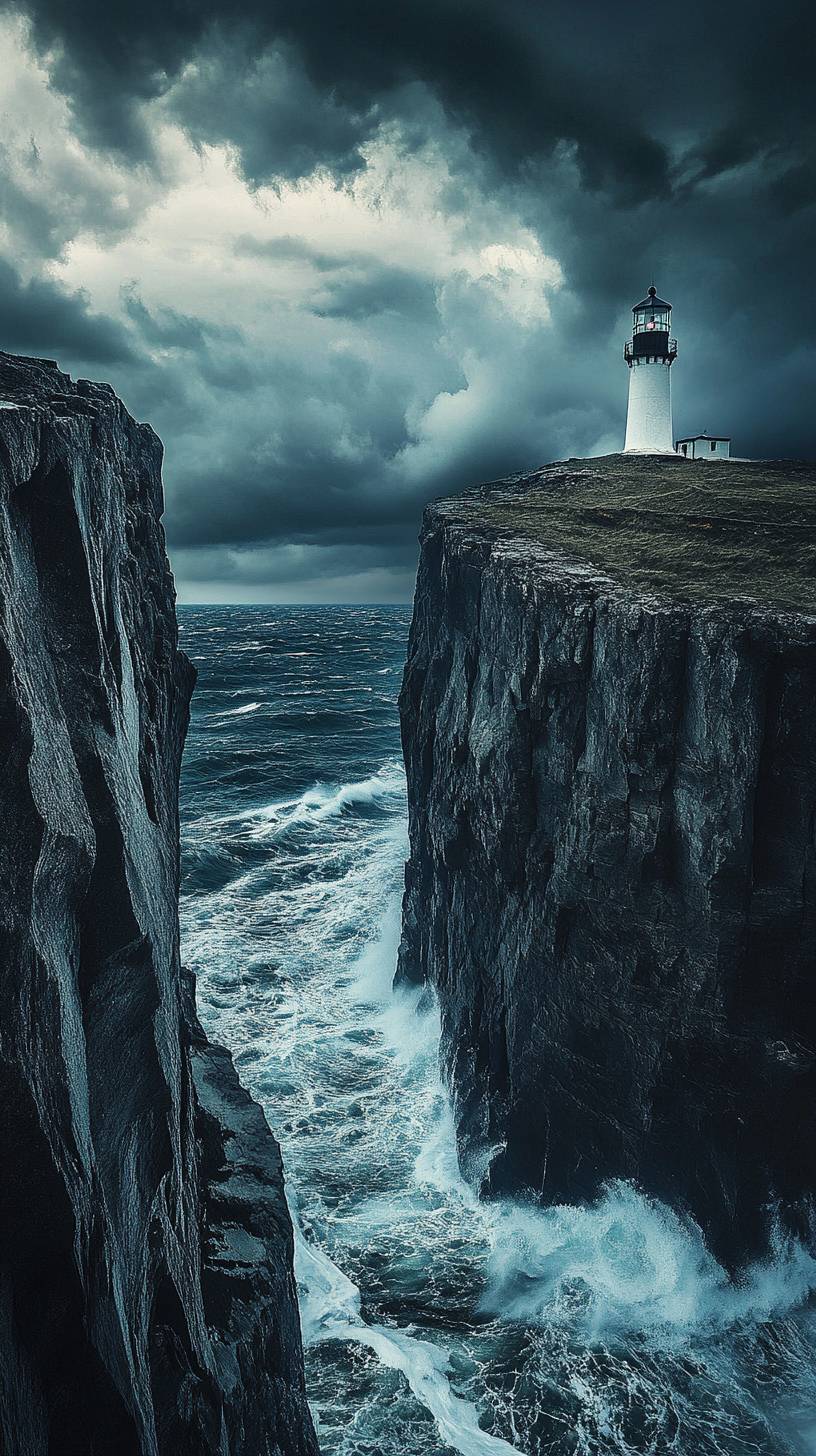 Leuchtturm an einer Küstenklaff, stürmische See, düstere Atmosphäre.