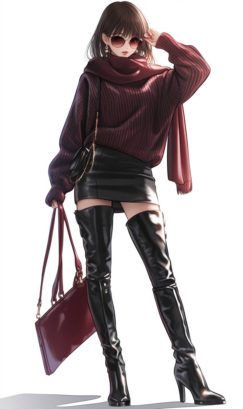 CG realistische Anime-Mädchen trägt einen stylischen burgunderfarbenen Pullover, einen schwarzen Minirock und Overknee-Stiefel.