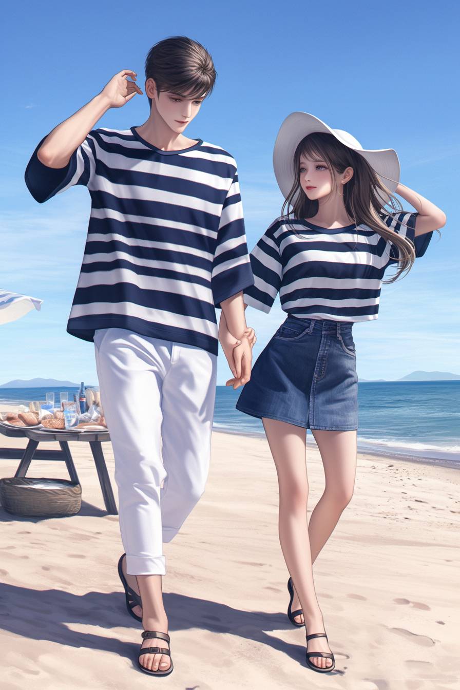 A couple in matching striped shirts enjoys a beachside picnic.