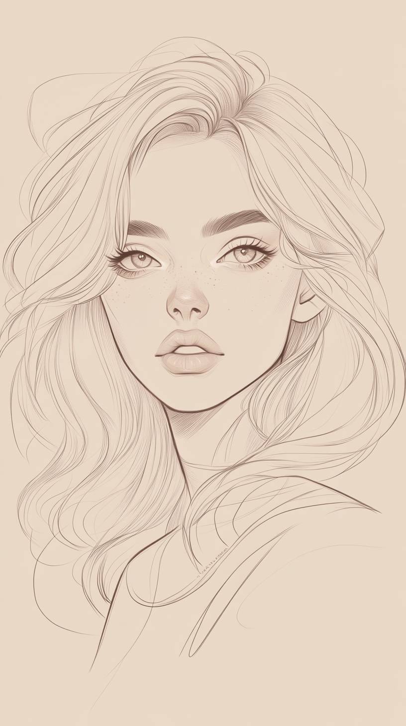 Arte linear minimalista do rosto de uma mulher, desenhada com curvas simples e elegantes, cercada por um suave degradê de cor como bege ou rosa pálido, oferecendo um visual moderno e refinado.