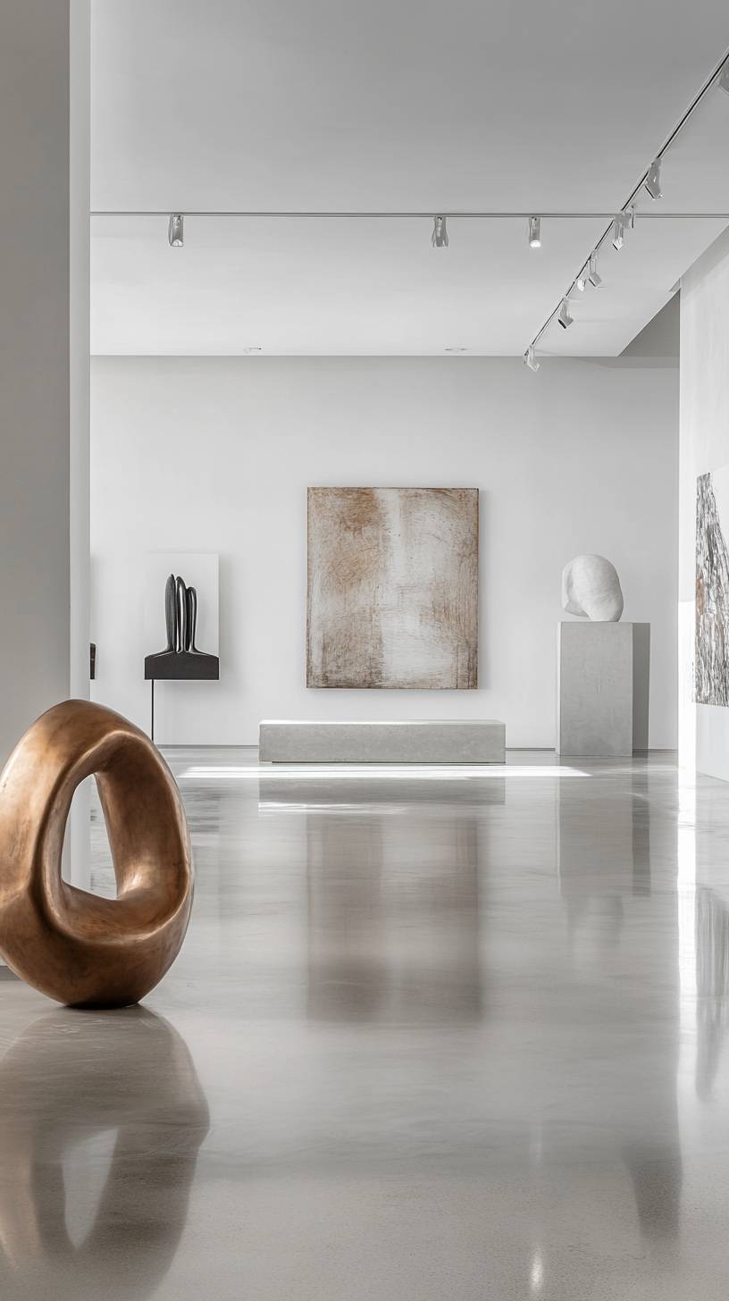 Interior of a modern art gallery with white walls, contemporary sculptures, polished concrete floor, and spotlights.