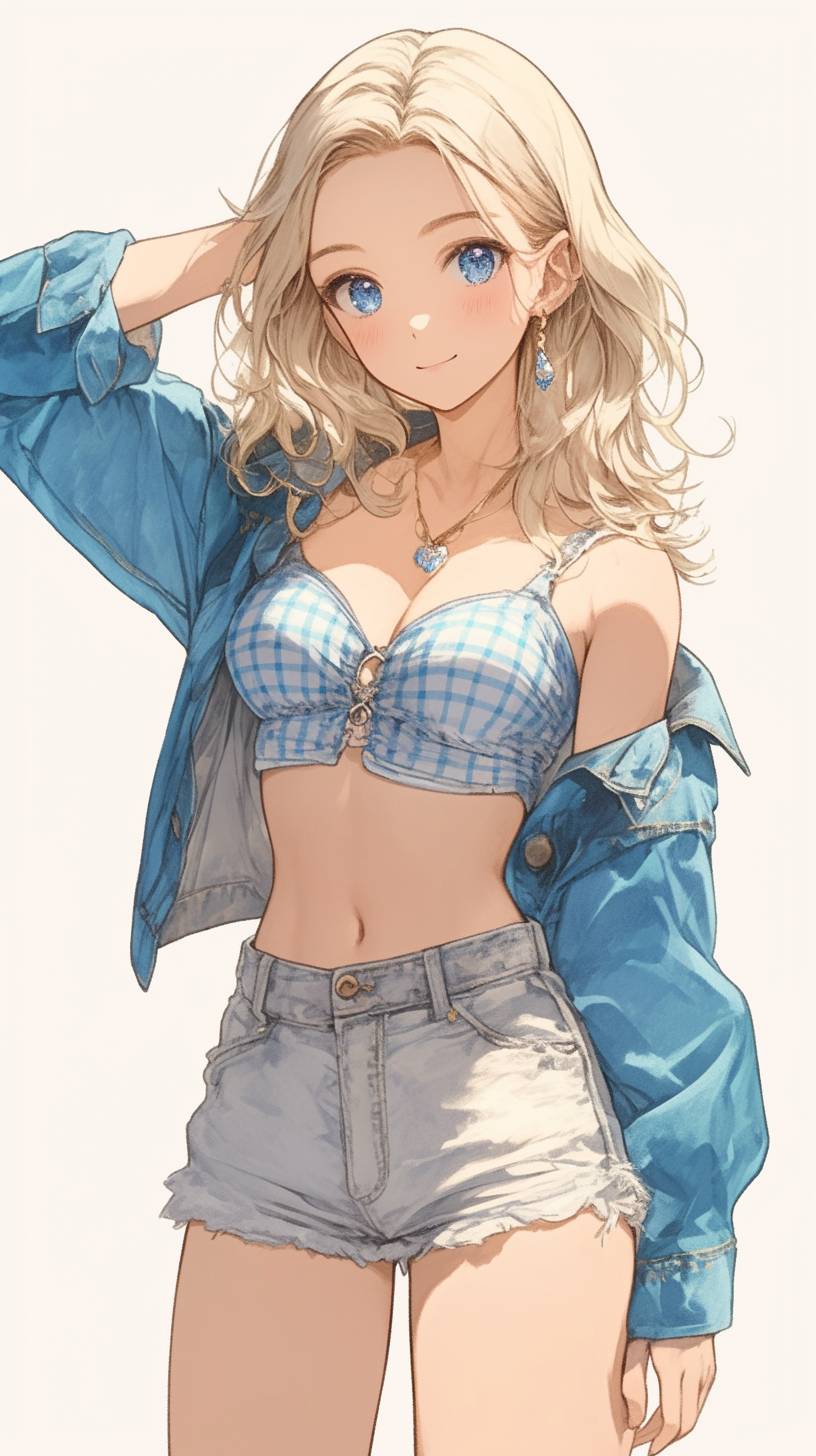 Uma garota de anime americana no estilo de praia de Los Angeles usa uma jaqueta de denim cropped e shorts de cintura alta, exalando uma vibração casual.