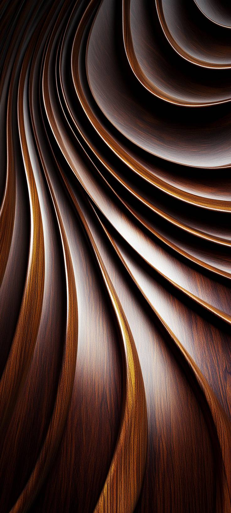 A wallpaper of abstract organic shapes in dark brown and wood textures.